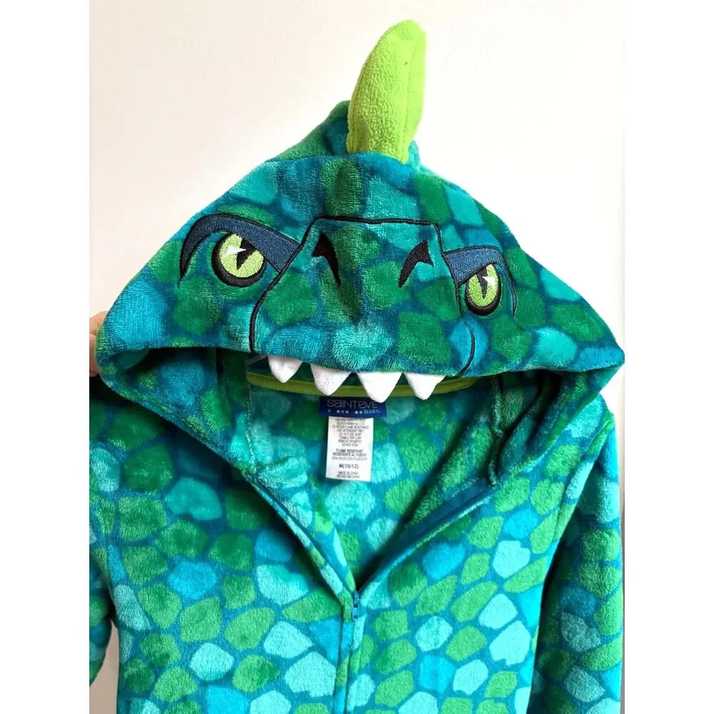 Boy Fleece Green Dinosaur One Pc Pajama Jumpsuit Hood Sleeper M 10-12 Saint Eve